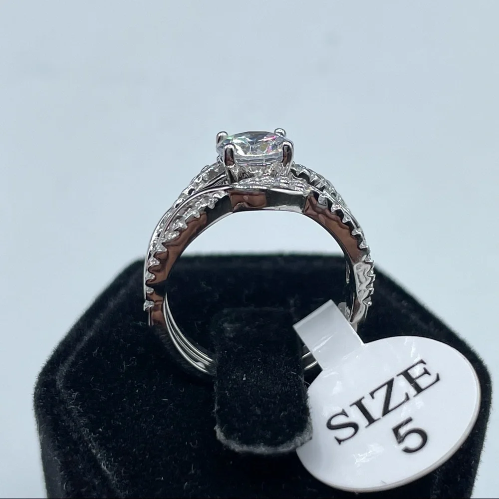 925 Sterling Silver Round Cut Diamond Elegant 2 Band Wedding Ring Set 5